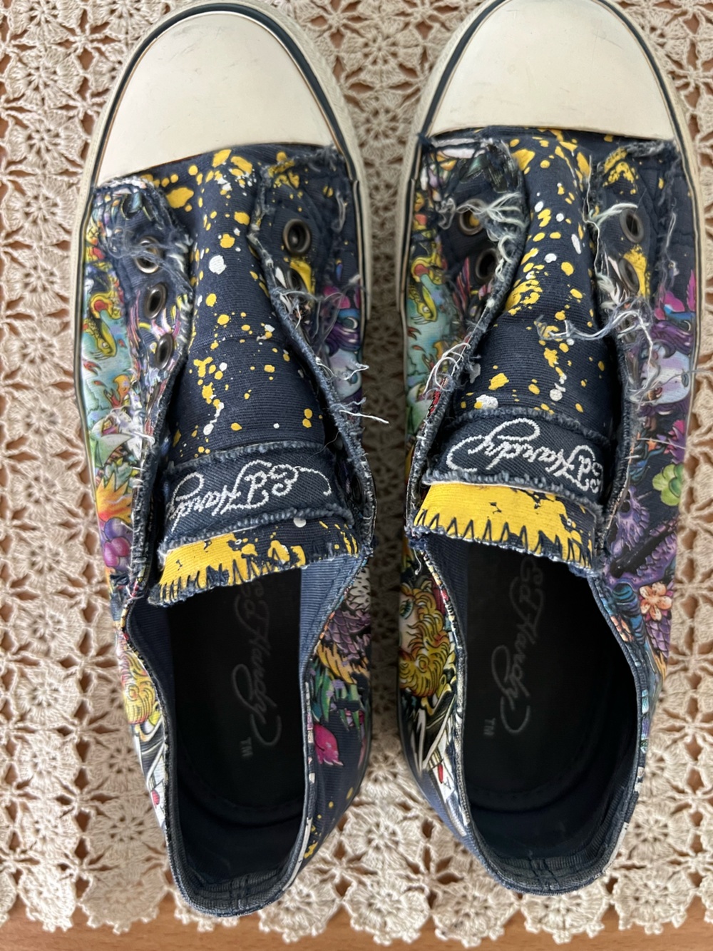 Ed Hardy Navy Sneakers with Yellow Paint-Splatter & Multicolor Tattoo Print